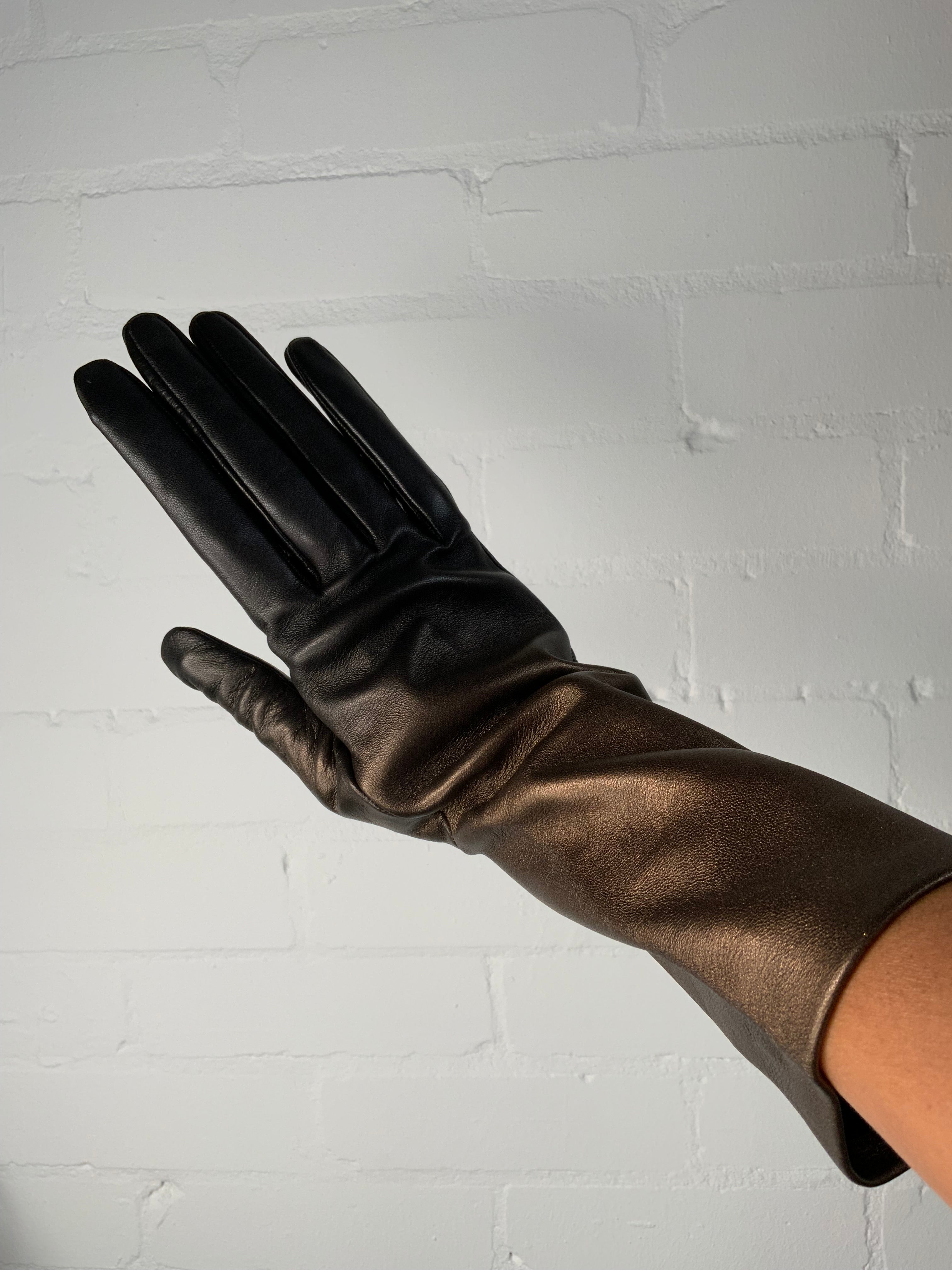 Black Lambskin & Metallic Gold Embossed Fingerless Gloves