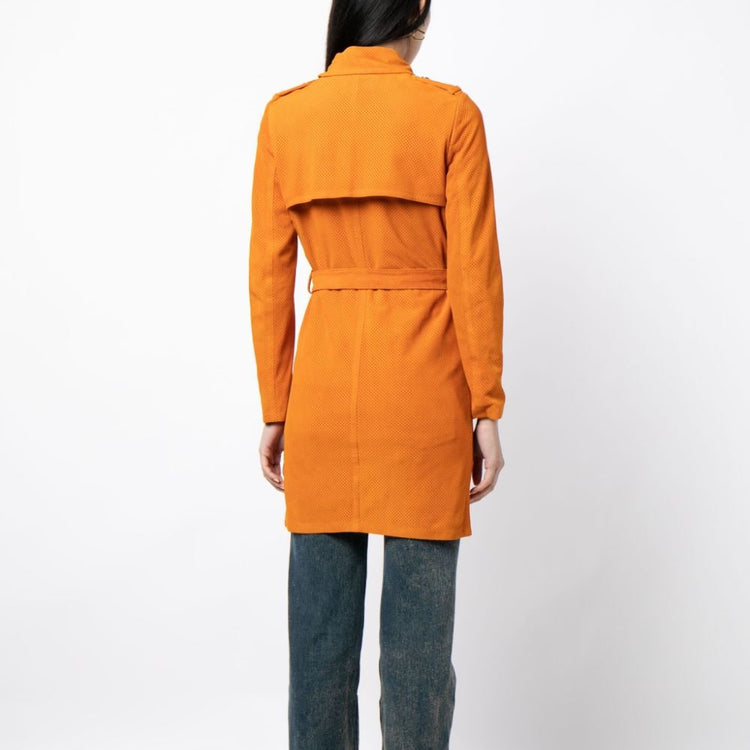 Gucci suede trench coat displayed on a hanger, showcasing its classic design and luxurious texture.