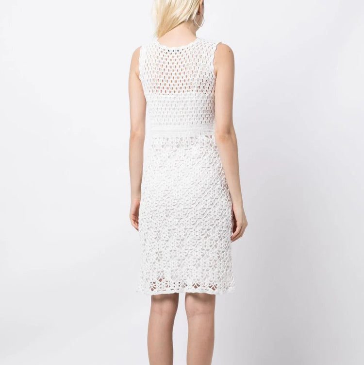 Prada sleeveless crochet dress with intricate knit pattern, stylish and lightweight for summer wear.