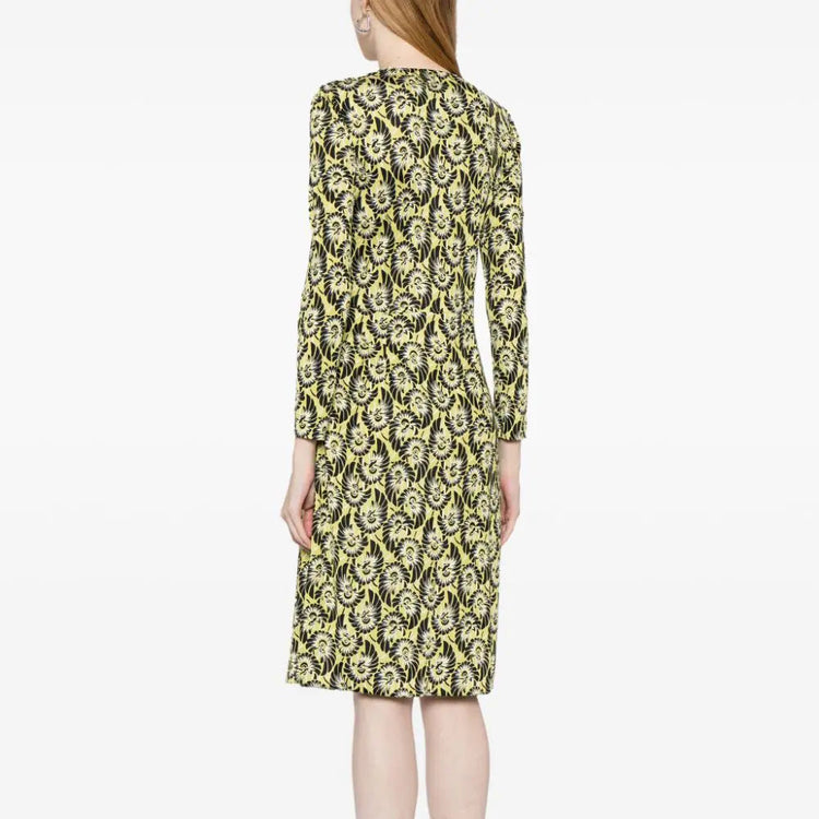 Prada abstract print silk wrap dress with flowing fabric and vibrant design, perfect for elegant occasions.