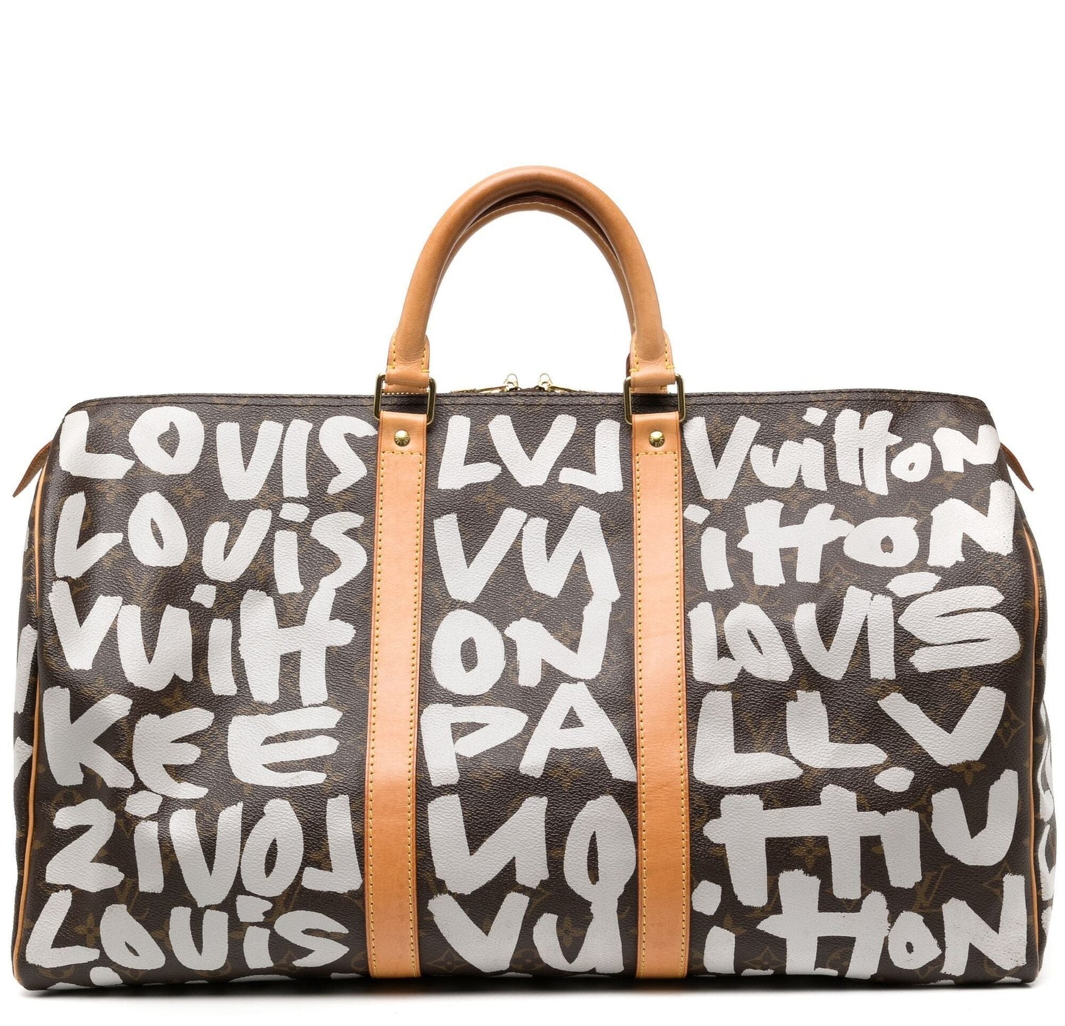 Louis Vuitton bag with white text pattern on a brown background