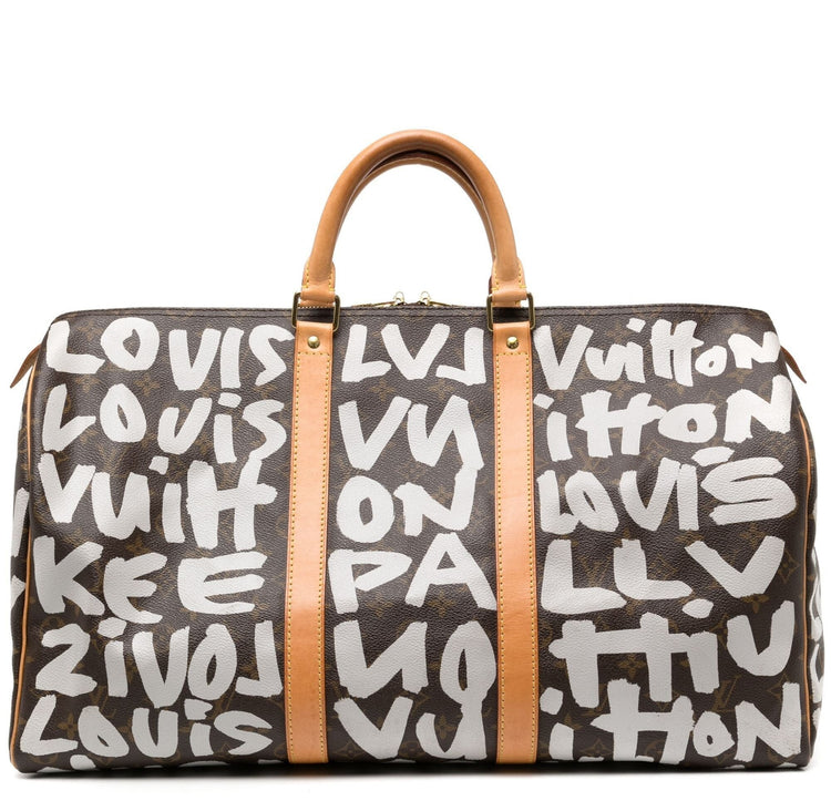 Louis Vuitton bag with white text pattern on a brown background