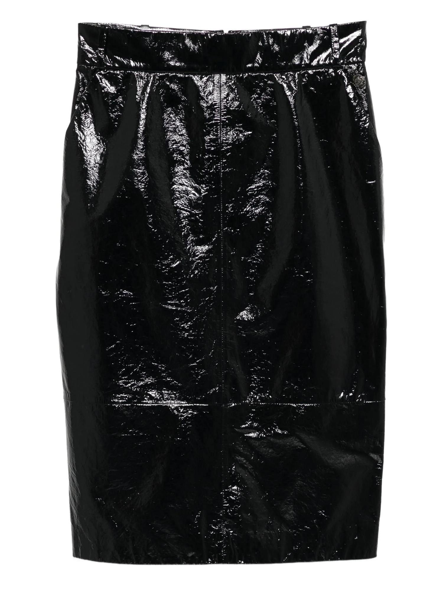 Black patent leather skirt on a white background