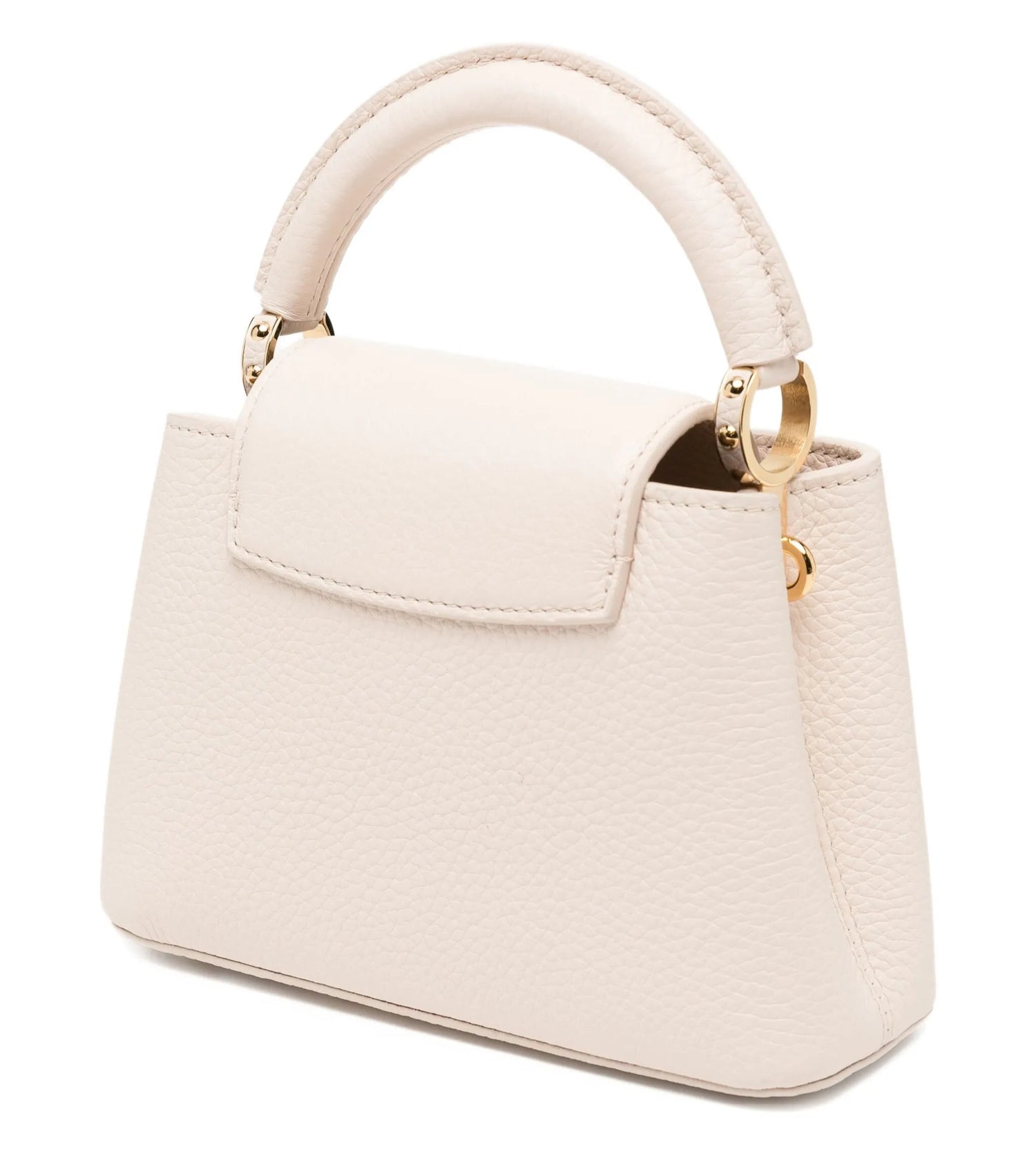 White handbag with gold accents on a white background