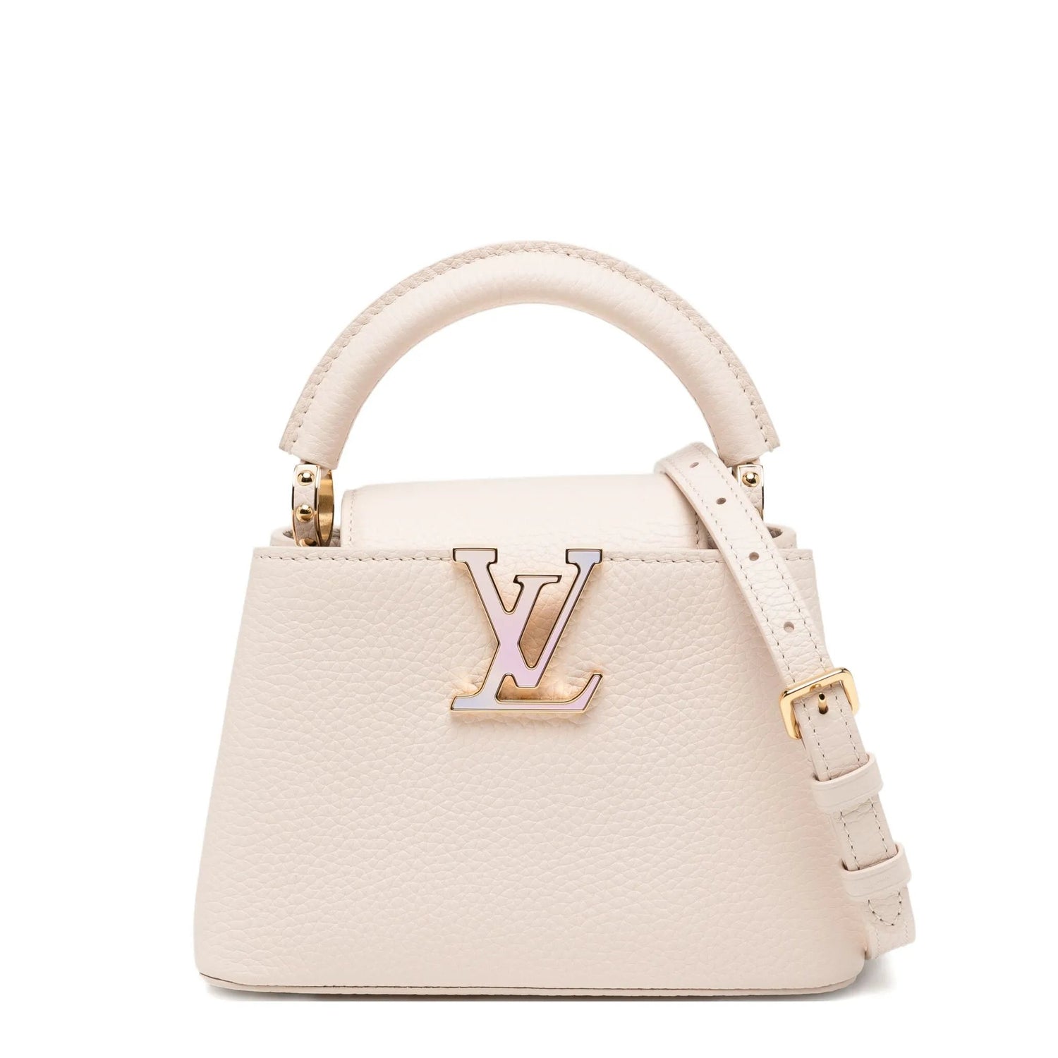 Beige handbag with gold accents on a white background