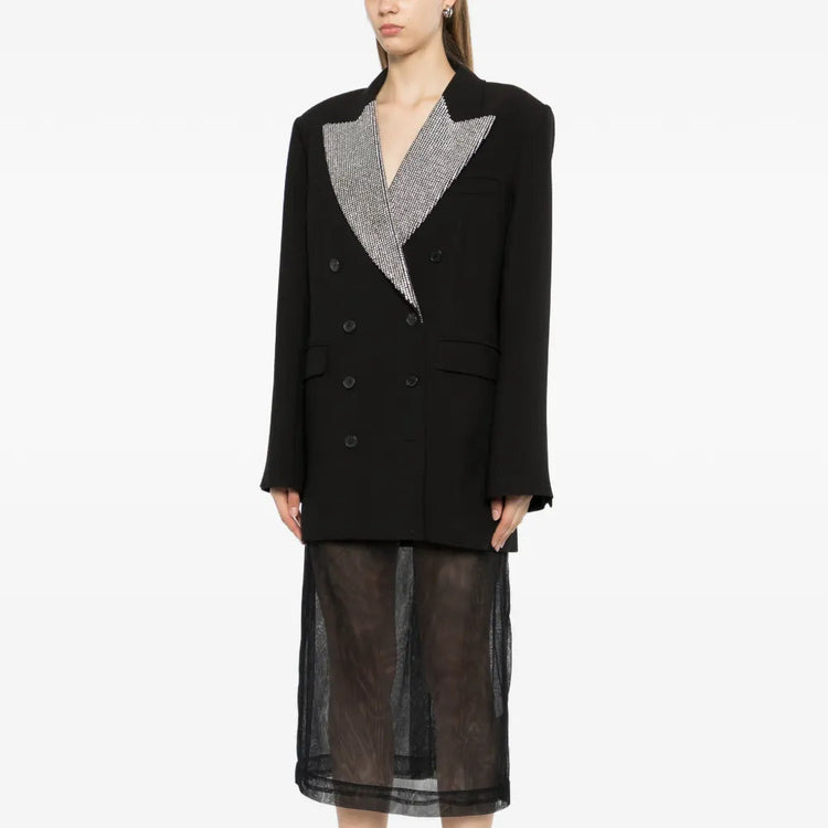 Khaite Balton crystal double-breasted blazer with tailored fit, featuring crystal embellishments and classic lapel design.