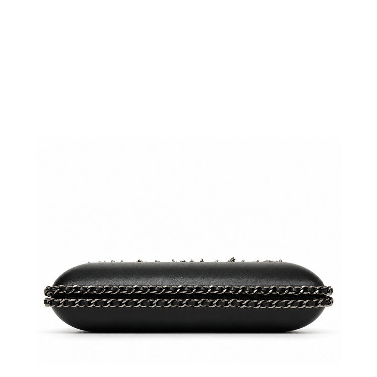 Black Chanel lambskin chain fringe kisslock clutch handbag with elegant design and gold-tone hardware.