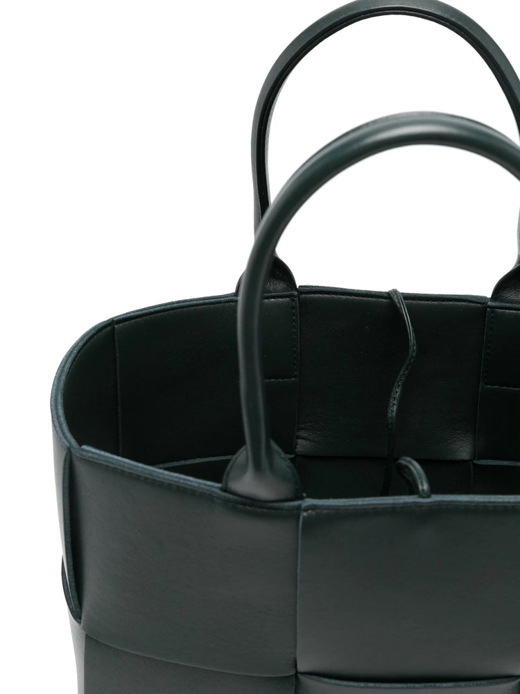 Bottega Veneta Small Arco Intrecciato Tote in inkwell leather with signature woven construction, structured silhouette and dual top handles.