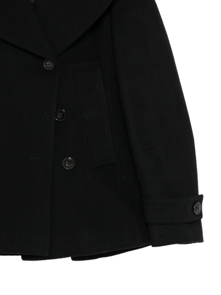 Black wool peacoat by Burberry, stylish coat with classic double-breasted design and tailored fit, displayed on a hanger.
