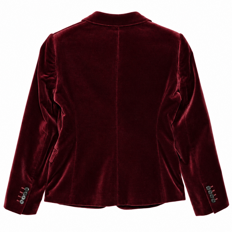 Celine burgundy velvet blazer with notched lapels, front button fastening, chest welt pocket, flap pockets, long sleeves and black lining.