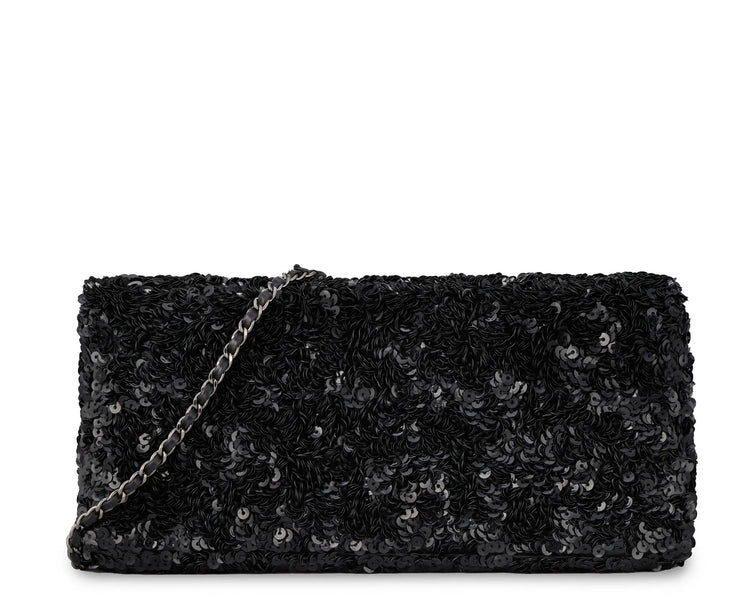 Chanel black sequin East West Flap Bag from 2014–15 with silver-tone CC hardware and leather-interwoven chain shoulder strap.