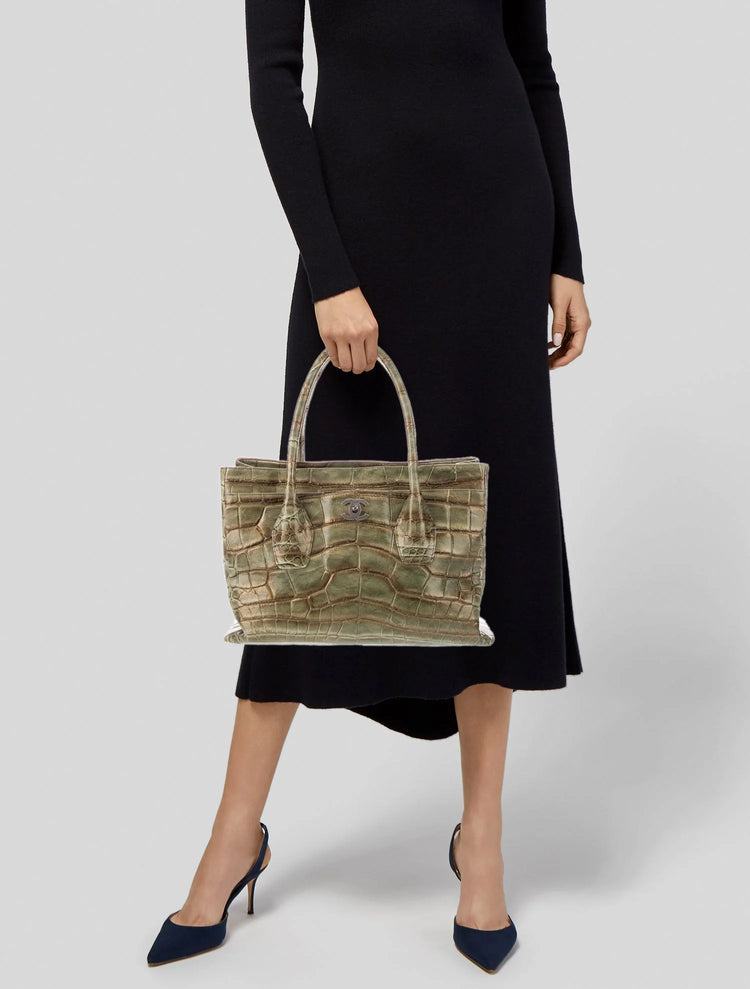 Chanel green alligator Cerf Tote from the 2006–2008 Karl Lagerfeld collection with antiqued silver-tone CC hardware, rolled handles and structured silhouette.