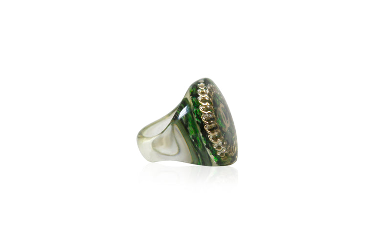 Chanel green tweed ring, side view