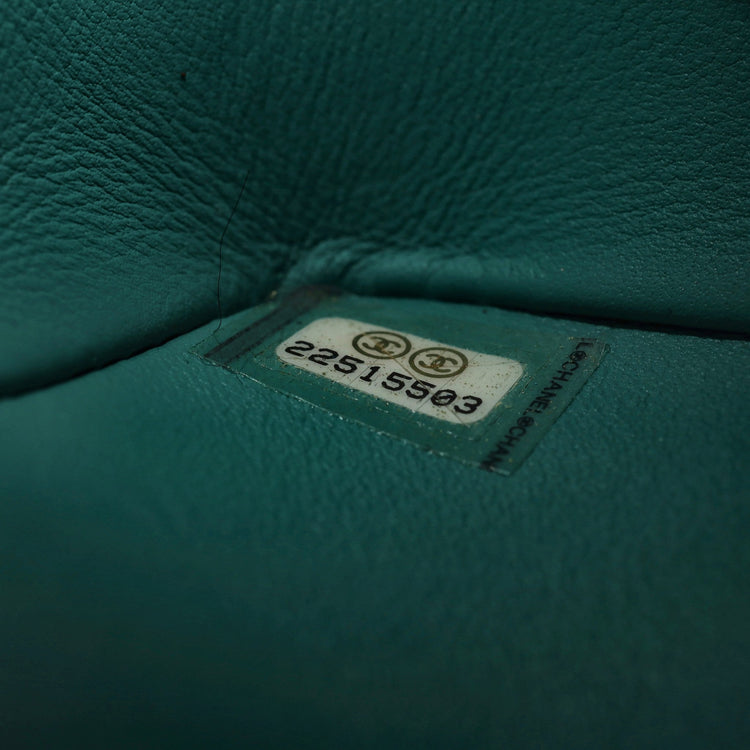 Chanel Jumbo Double Flap Bag in turquoise green exotic leather with silver-tone CC turn-lock closure, double flap silhouette, and interwoven chain-and-leather shoulder straps.