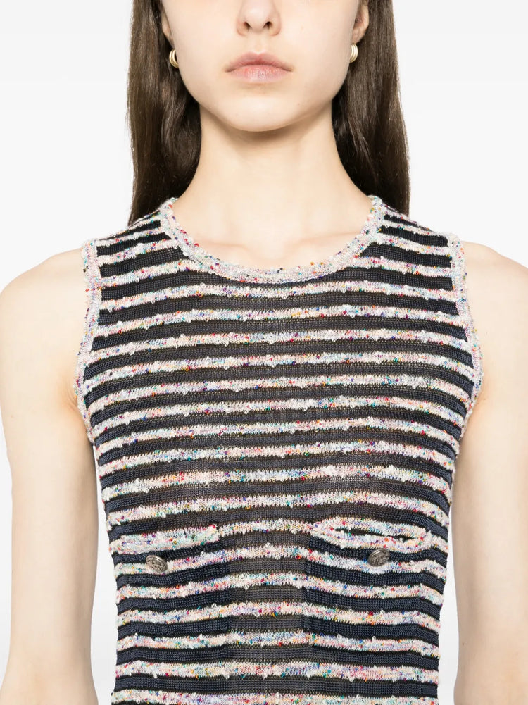 Chanel multicolour sleeveless striped dress with a fitted silhouette and vibrant horizontal stripes, perfect for stylish summer wear.
