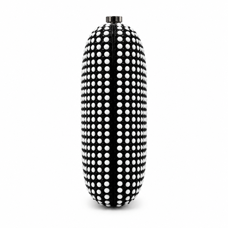 Black and white Chanel Strass Beaded CC Minaudière clutch with intricate detailing, elegant handbag for special occasions.
