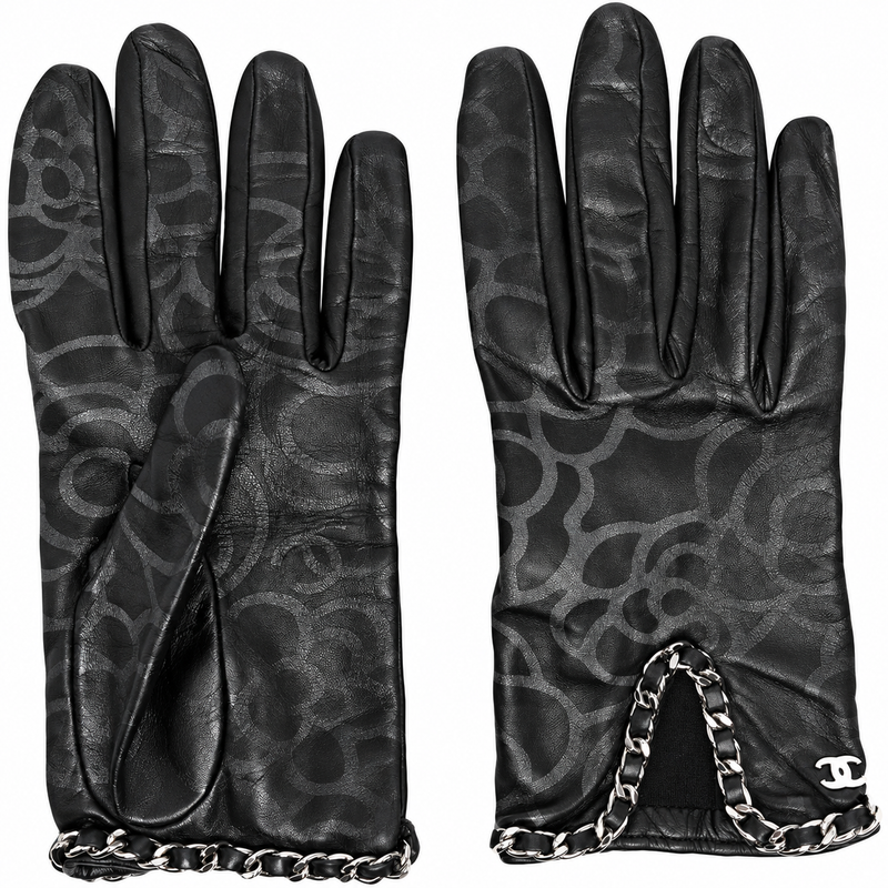 Chanel black leather gloves with tonal abstract pattern, silver-tone leather-woven chain trim and interlocking CC logo detail.