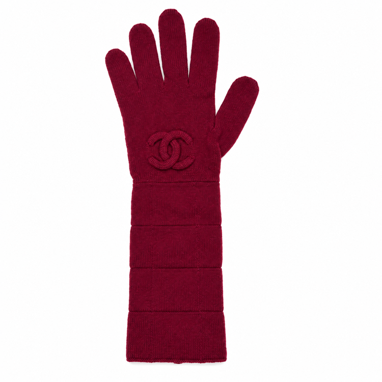 Chanel burgundy red cashmere gloves with elongated cuffs and tonal raised interlocking CC logo at the wrist.