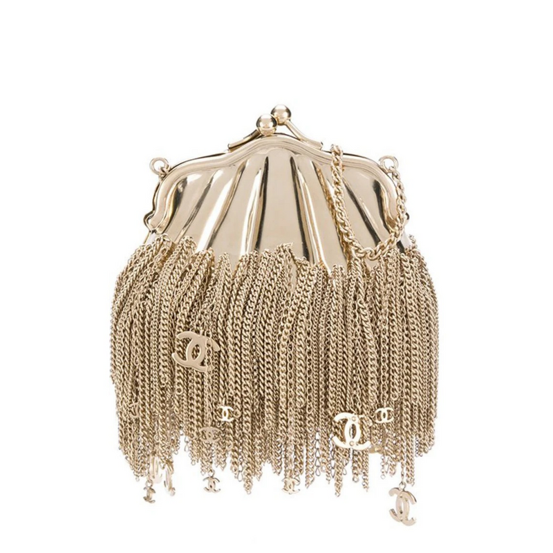 Chanel gold chain tassel shell coin purse clutch with elegant design and compact size for stylish carrying.