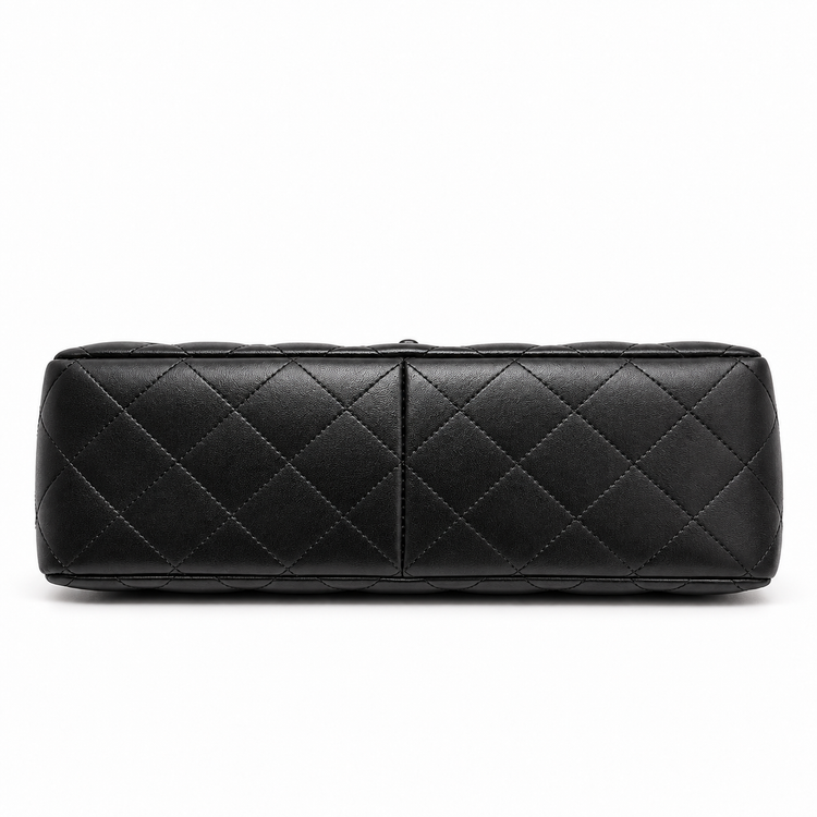 Chanel Classic Quilted Jumbo Double Flap So Black Lambskin Shoulder Bag with crumpled texture and silver hardware.