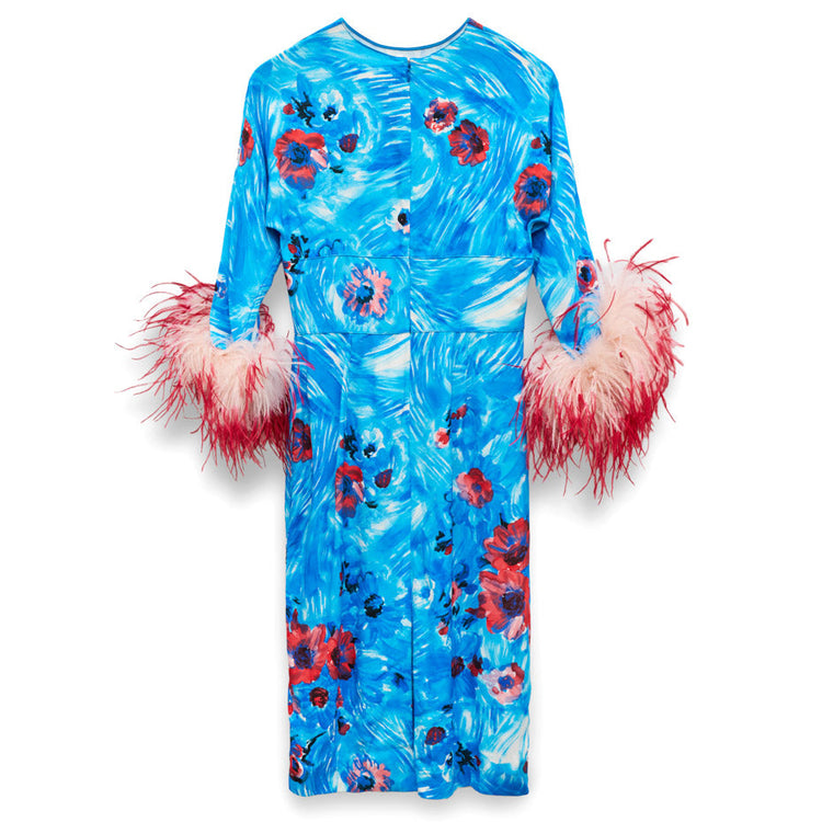 Prada 2017 feather dress with delicate feather details, elegant design, and flowing fabric, perfect for formal occasions.
