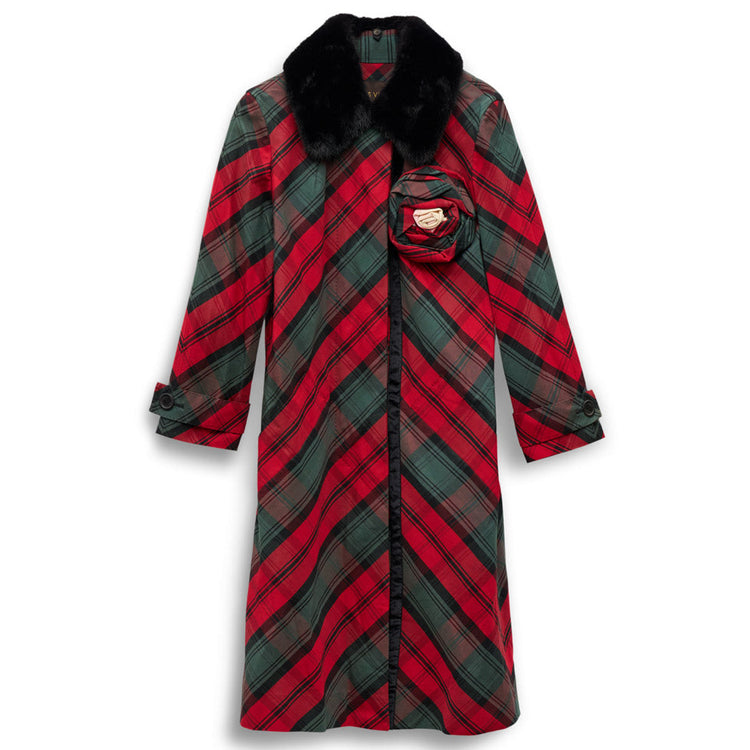 Louis Vuitton Red and green plaid coat with black fur collar