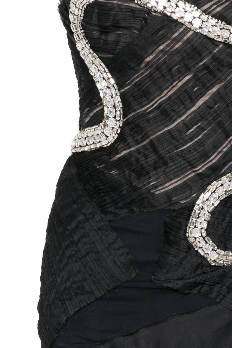Gucci 2004 black silk crystal-snake dress with intricate details and elegant fit, showcased on a model.