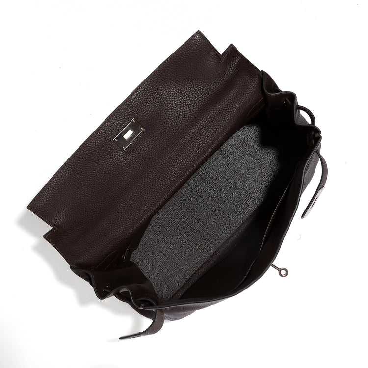 Chocolate brown Kelly 40 PHW handbag by Rewind Vintage Affairs, showing the exterior and interior of the Hermes Kelly 40 bag.