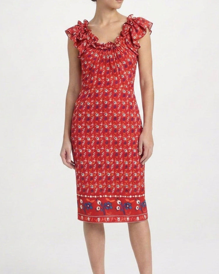 Dior floral silk ruffled dress with vibrant flower pattern, elegant ruffles, and flowing fabric perfect for special occasions.