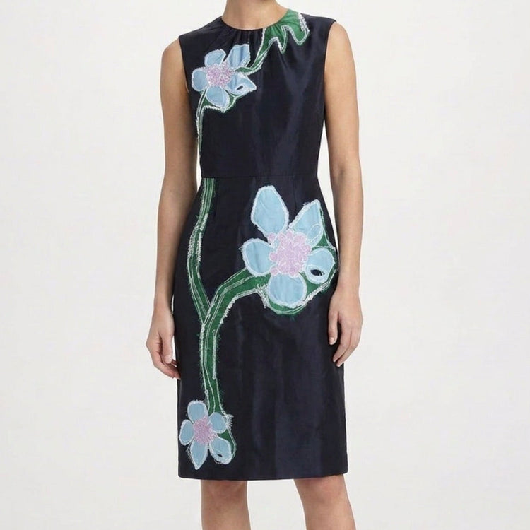 Navy Prada flower appliqué dress with floral details, elegant sleeveless design, perfect for formal occasions.