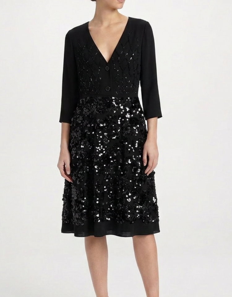 Prada black sequined V-neck midi dress with long sleeves, elegant evening wear, and shimmering embellishments.