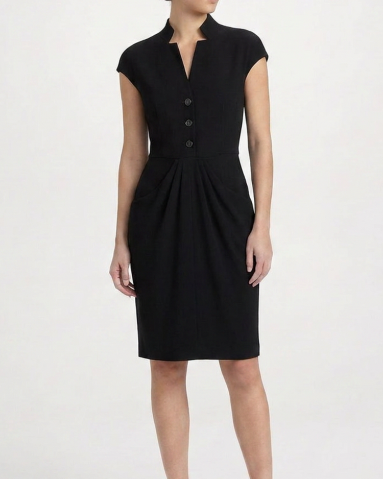 Dior tailored black wool draped dress, elegant and sophisticated, featuring a sleek silhouette and refined draping details.