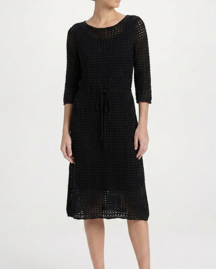 Black crochet silk midi dress by Prada, featuring intricate crochet details and a flowing midi length, perfect for elegant occasions.