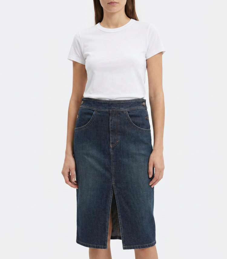Gucci pencil denim skirt with high waist and classic stitching, styled with front pockets and a sleek fit.