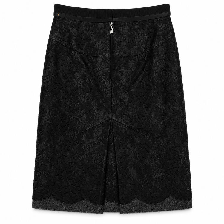 Louis Vuitton black mid-length lace skirt with floral lace overlay, smooth waistband, subtle front pleating and scalloped hem.