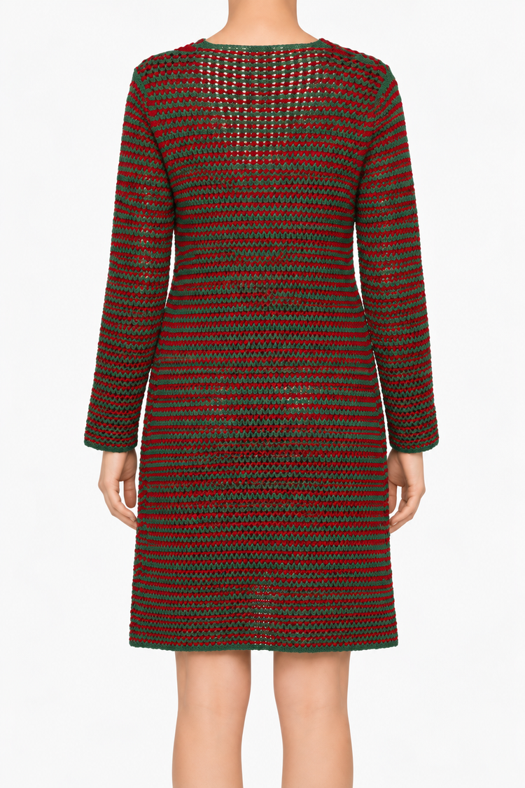 Prada Spring 2005 Look 13 green and red crochet cardigan coat with long sleeves, open-knit texture, front embellishment, longline silhouette and runway archive design.