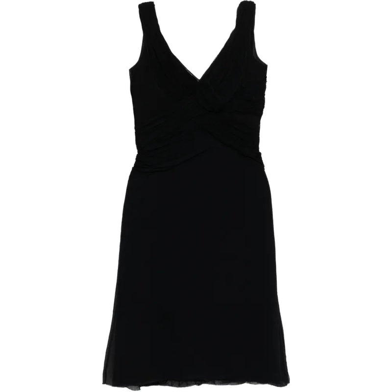 Elegant Prada V-neck dress with a fitted silhouette, featuring smooth fabric and stylish design, perfect for sophisticated occasions.