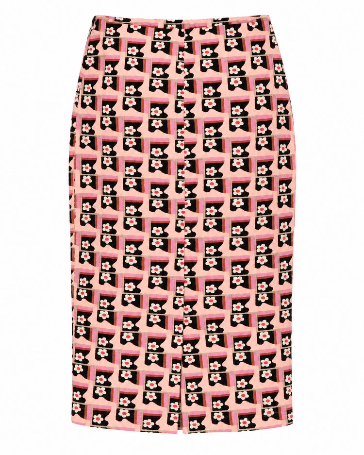 Prada pink cloqué jacquard floral pencil skirt with a high waist, midi length and all-over black, white and pink floral geometric print.