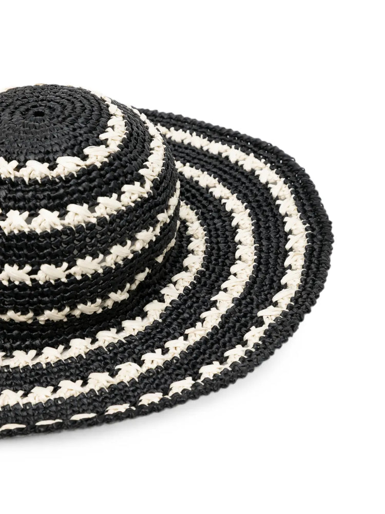 Prada striped crochet raffia sun hat with wide brim, perfect for summer sun protection and stylish outdoor wear.