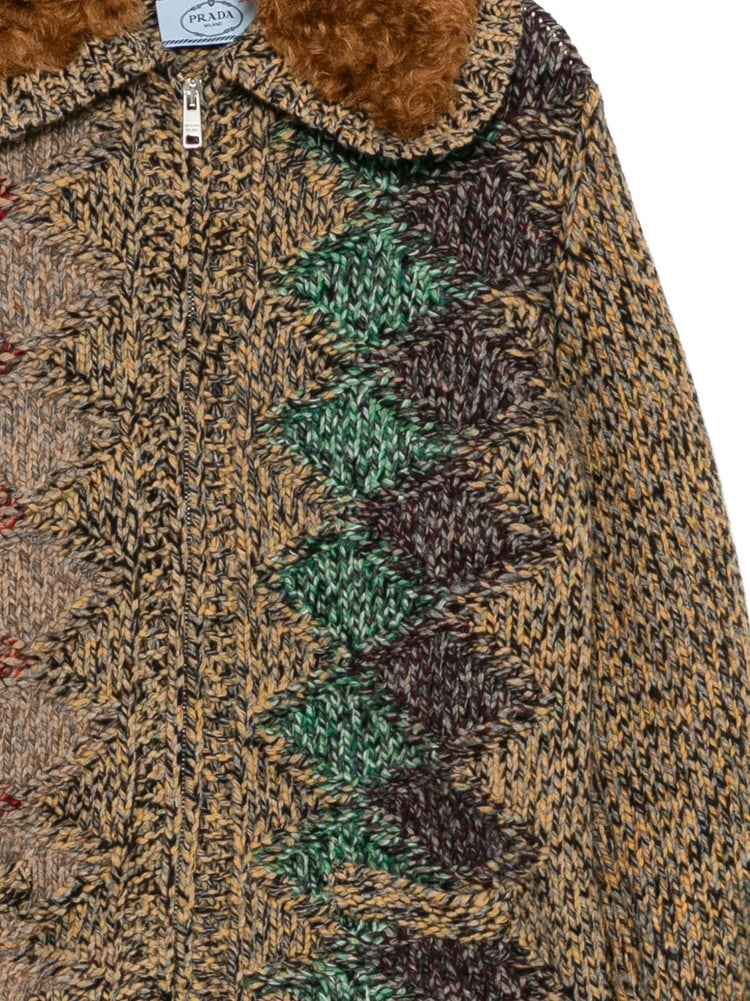 Prada zip-up cardigan, stylish tops with a sleek front zipper, soft fabric, and classic design, perfect for casual and chic looks.