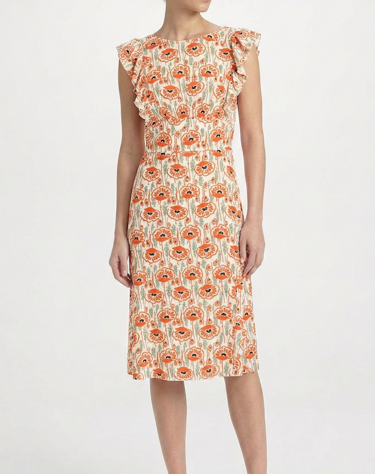 Prada floral ruffled midi dress with a fitted bodice and flowing skirt, featuring vibrant flower patterns and ruffle details.