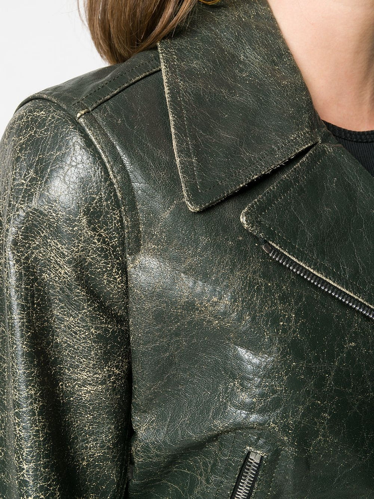Dark Green Distressed Biker Jacket - rewindvintageofficial