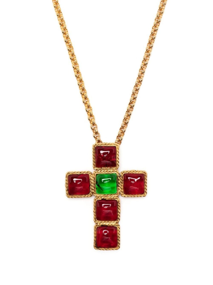 Gripoix Red and Green Cabochon Cross Motif Necklace - Rewind Vintage Affairs