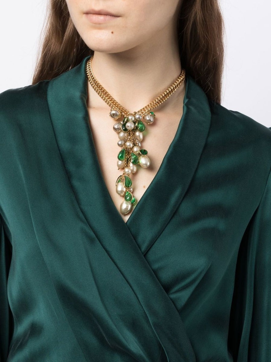 Gripoix Green Petal Pearl Pendant Necklace - Rewind Vintage Affairs