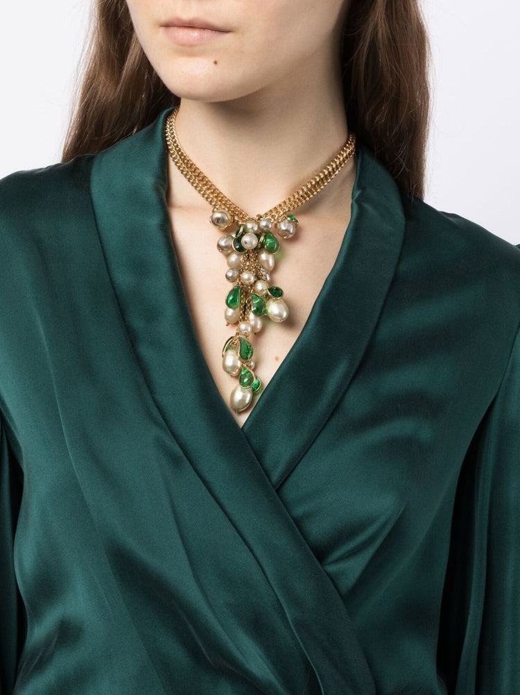 Gripoix Green Petal Pearl Pendant Necklace - Rewind Vintage Affairs