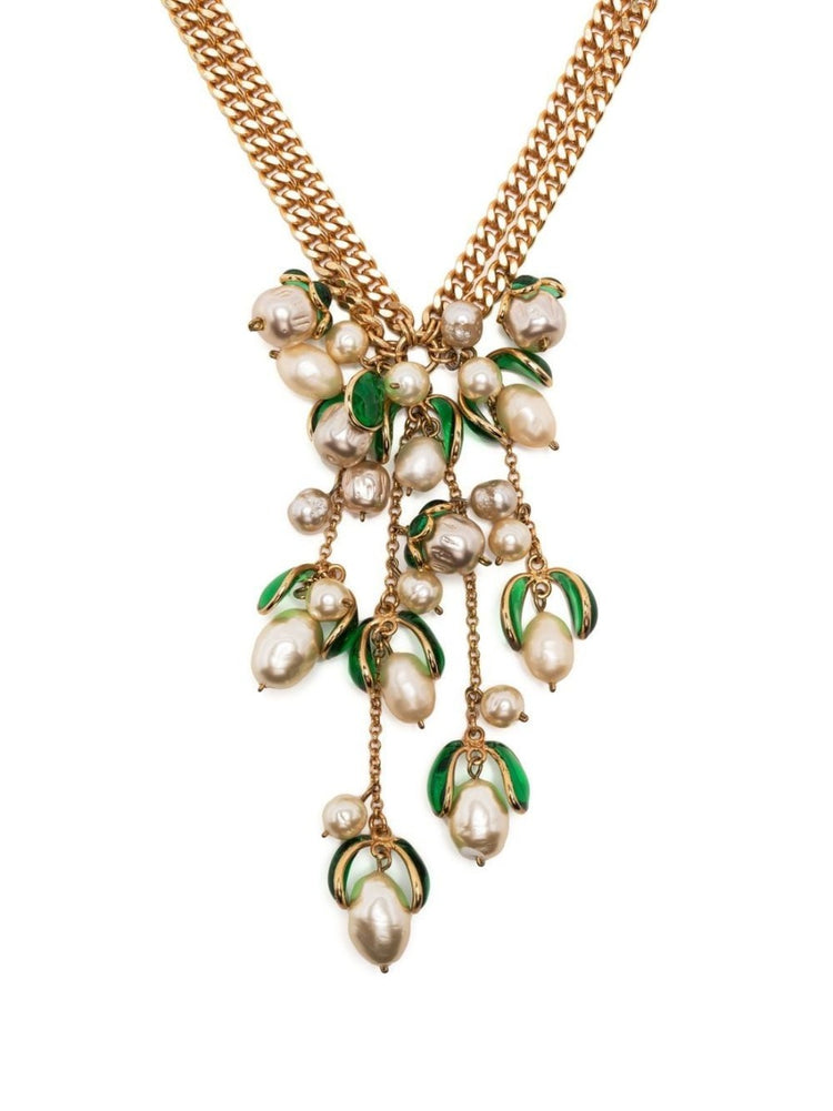 Gripoix Green Petal Pearl Pendant Necklace - Rewind Vintage Affairs