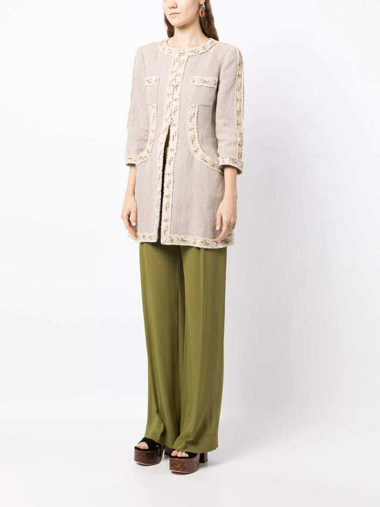 Beige Appliqué Detailing Collarless Linen Coat - Rewind Vintage Affairs