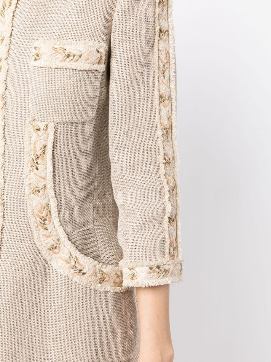 Beige Appliqué Detailing Collarless Linen Coat - Rewind Vintage Affairs