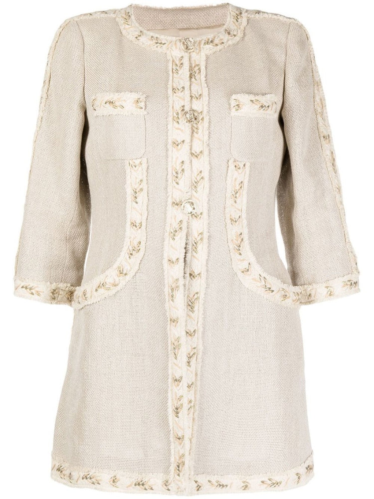 Beige Appliqué Detailing Collarless Linen Coat - Rewind Vintage Affairs