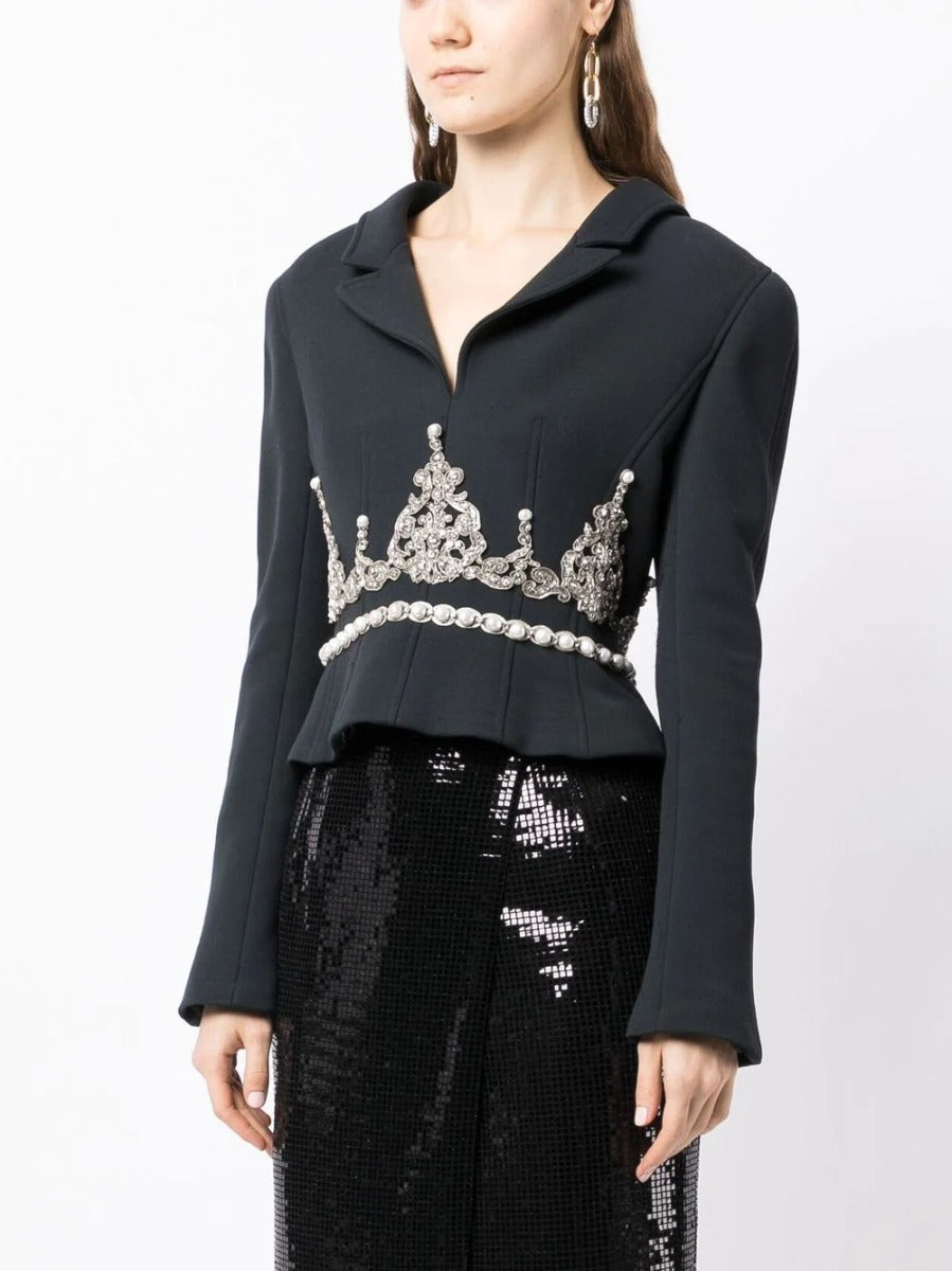Black Faux-Pearl Rhinestone Embellished Blazer - Rewind Vintage Affairs